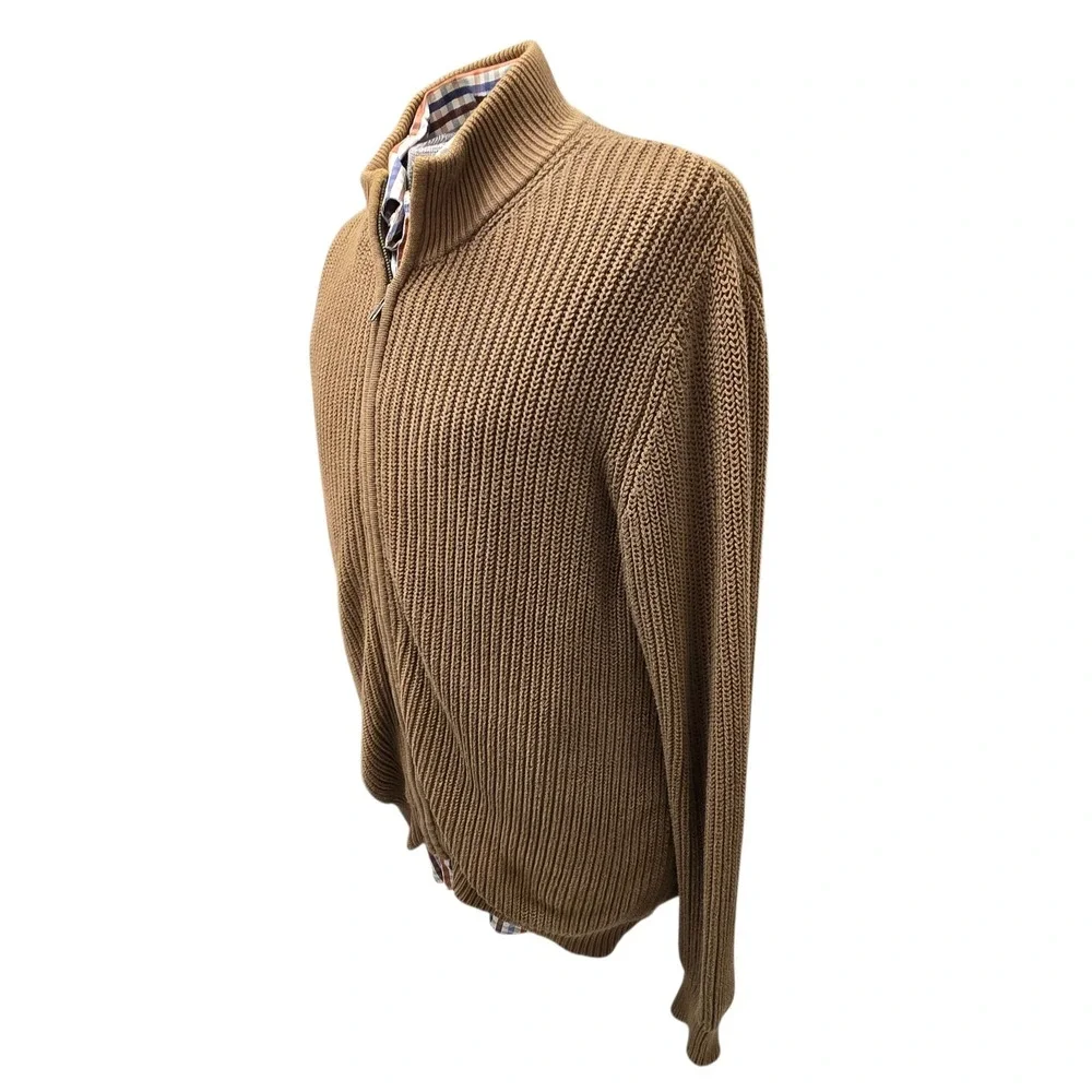 Vtg 90s LL Bean Full Zip Chunky Knit Ribbed Cotton Sweater Dark Tan Men's L MINT